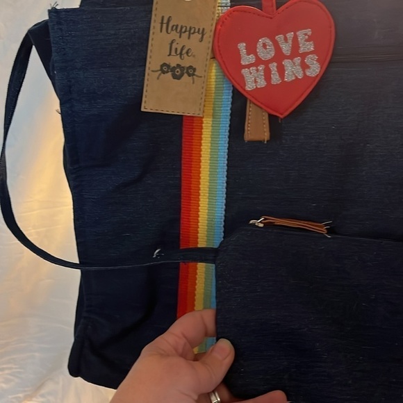 Net denim rainbow tote with attached purse 2 pockets zips closed - Picture 3 of 10